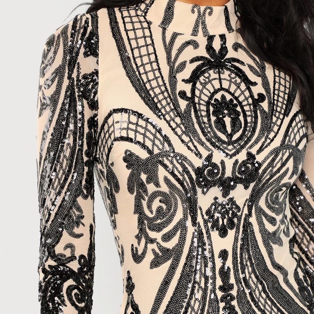 Contrast Sequin Mesh Bodycon Mini Dress Nude Black - Picture 6 of 7